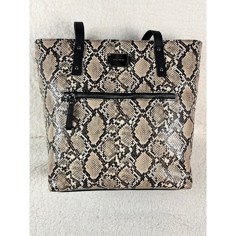 Nine West Snake Print Faux Leather Tote Bag Black Brown Zip‎ Front